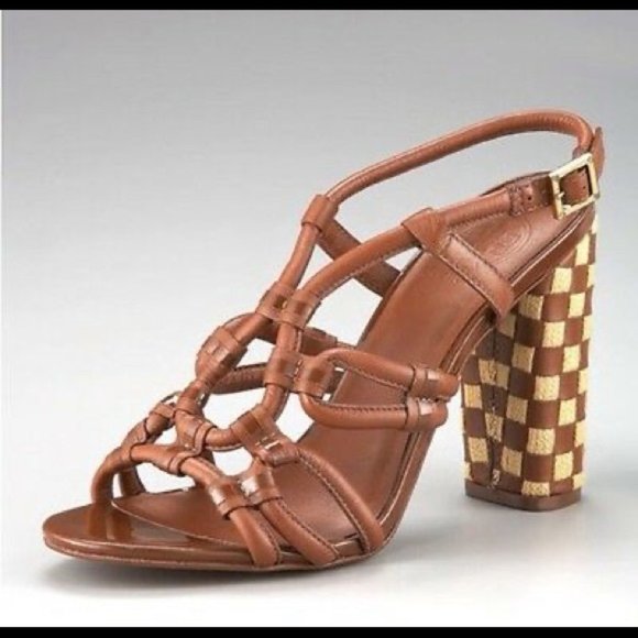Tory Burch LAYCE Almond Woven Canvas Leather Heel Sandals - Size 6.5 - Picture 2 of 7